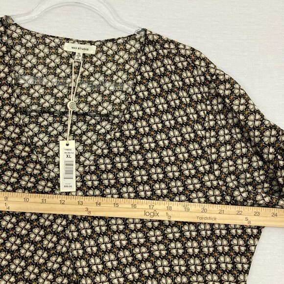 New Max Studio Brown Cream Floral Geometric Boho Print Ruffle Detail Blouse XL - Picture 6 of 10